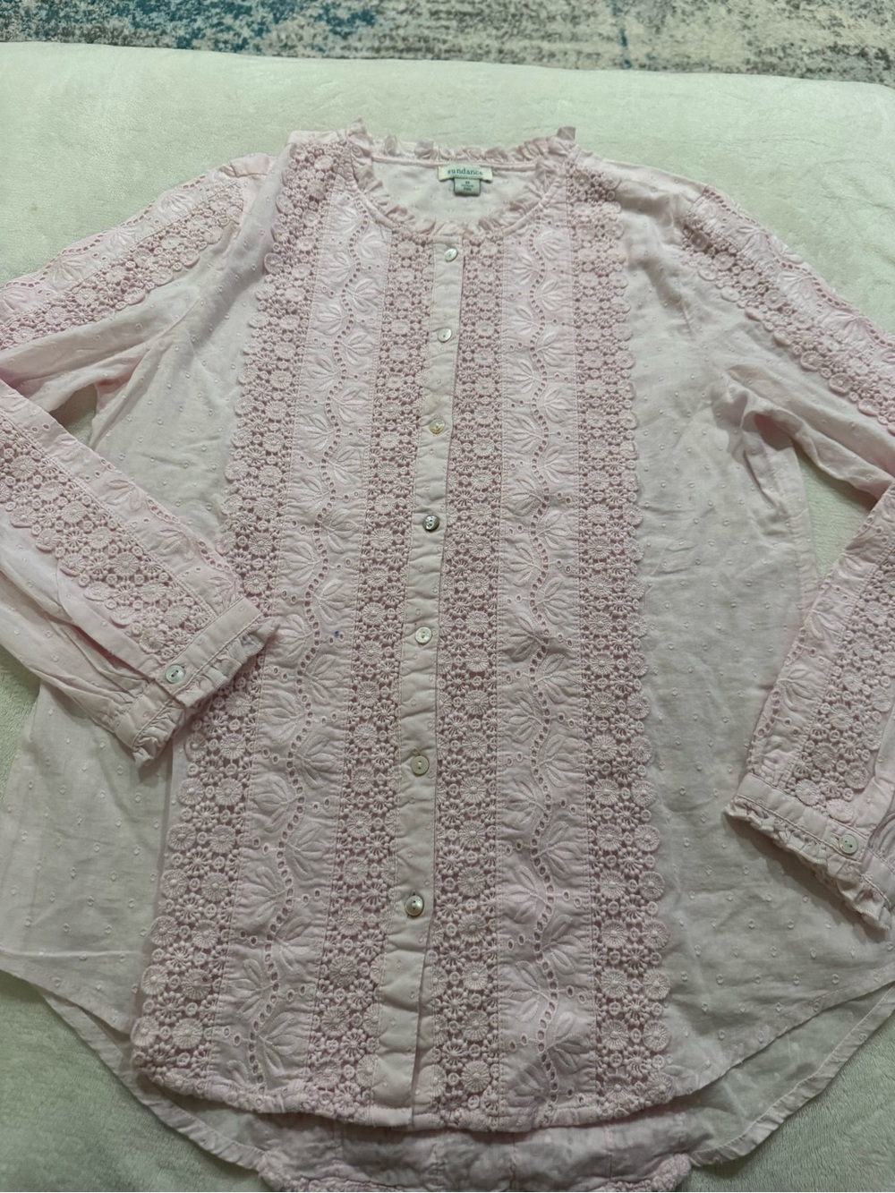 Sundance Catalog Eyelet Embroidered Cotton Blouse Pink Size M Scalloped Lace E04